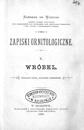 ''Zapiski ornitologiczne'' K. Wodzickiego z 1880 r.